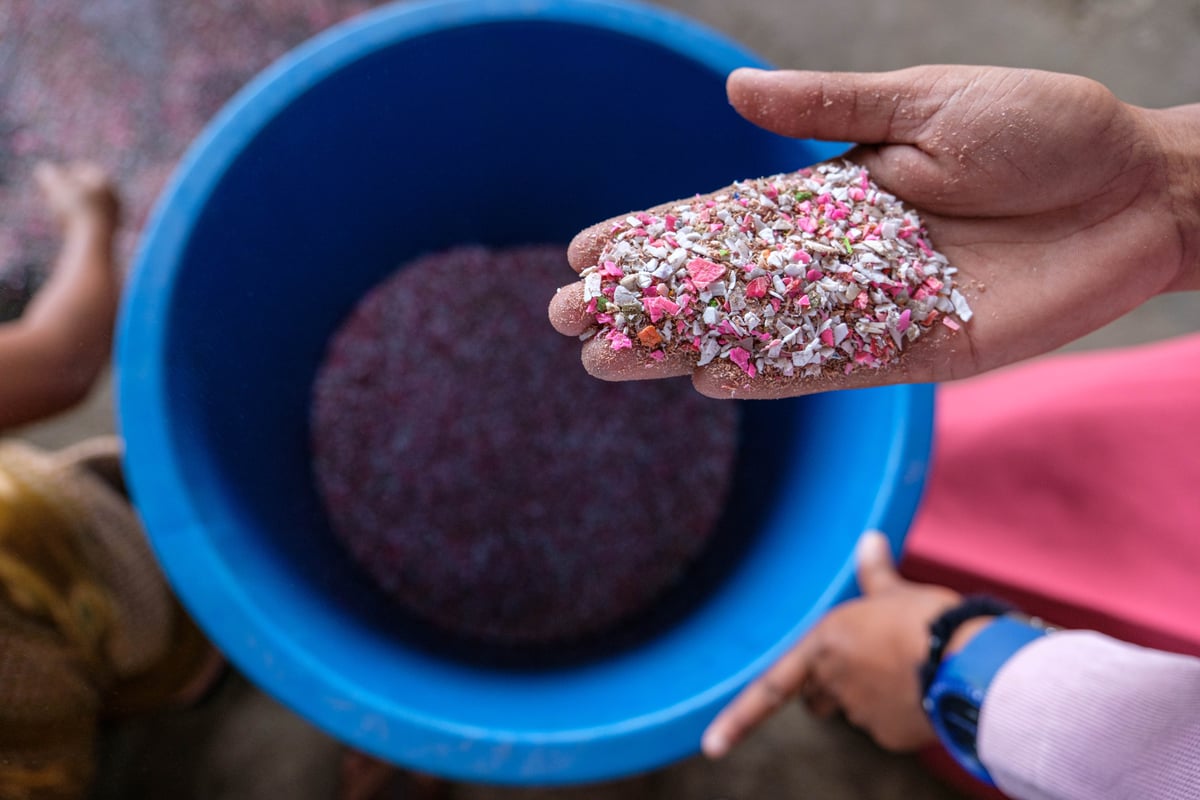 SHREDDED plastic waste are melted and then molded into sheets and boards.